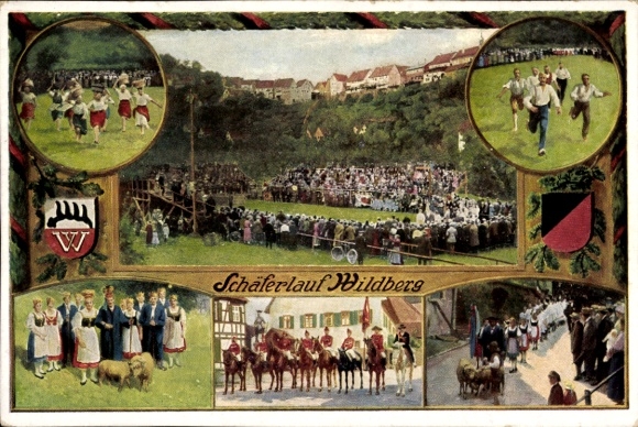 Ak Wildberg im Schwarzwald Württemberg,  Schäferlauf, Trachten, Wappen