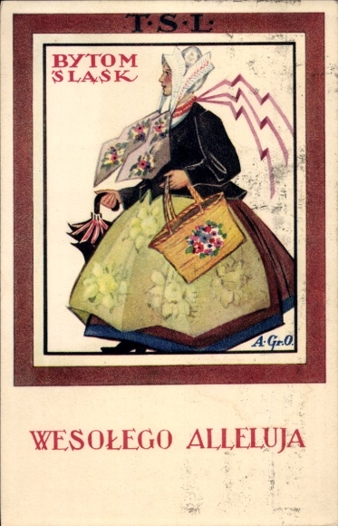 Artist Postcard Silesia, Bytom, woman in traditional costume, Happy Easter