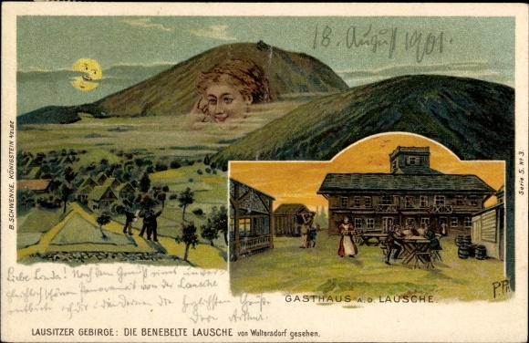 Moonlight Chromo-Litho Waltersdorf Großschönau Oberlausitz, The befogged Lausche, inn, mountain faces