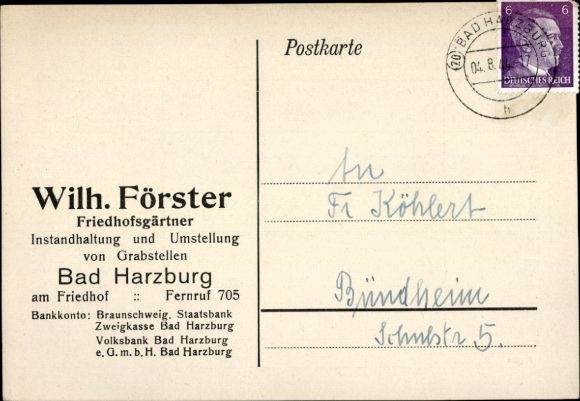 Ak Postleitzahlenstempel (20), Bad Harzburg am Harz, Wilh. Förster, Friedhofsgärtner, Rechnung