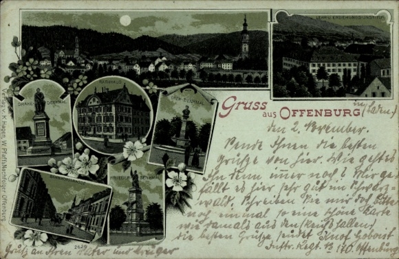 Moonlight Chromo-Litho Offenburg in Baden Black Forest, Oken Monument, Drake Monument, Town Hall, Bahnhofstraße