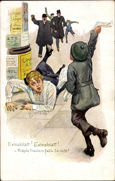 Artist Postcard newspaper seller, woman lying on the ground, advertising pillar, extra sheet