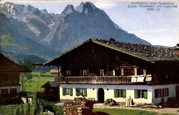 Postcard Garmisch Partenkirchen in Upper Bavaria, Old Farmhouse, Waxenstein, Zugspitze, Mountains