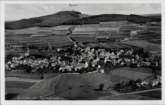 Postcard Unlingen in Upper Swabia Württemberg, aerial view of village architecture, fields, Bussens