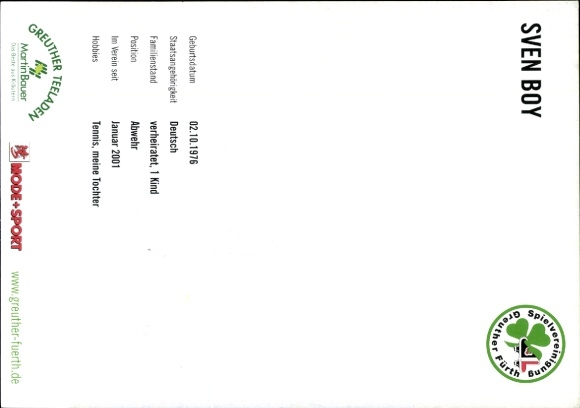 Autograph card footballer Sven Boy, SpVgg Greuther Fürth, autograph