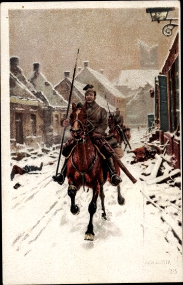 Artist Postcard Ungewitter, Hugo, German Uhlans, Winter 1915, Snow