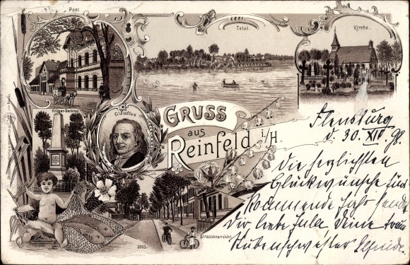 Chromo-Litho Reinfeld in Holstein, post office, church, war memorial, street, Claudius