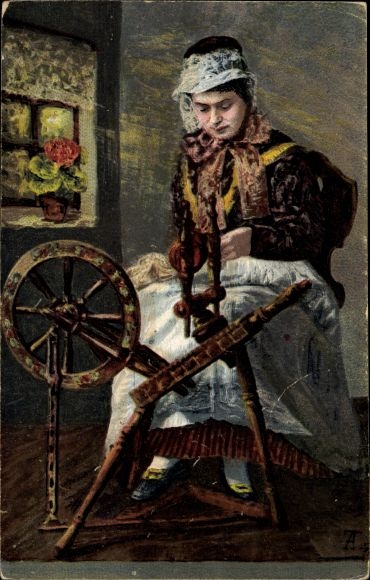 Postcard Silesian traditional costumes, Silesian farmer's wife at the wool spinning wheel