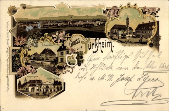 litho Türkheim im Unterallgäu, officieel gebouw, kloosterkerk, Marienplatz, parochiekerk