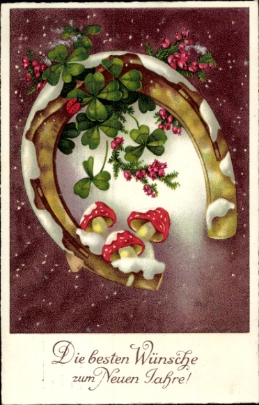 Postcard Happy New Year, clover, horseshoe, toadstools
