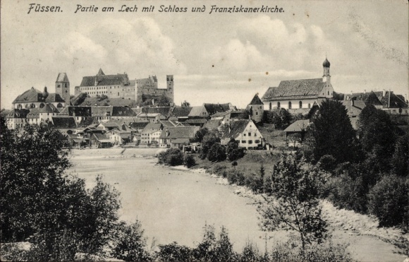 Ak Füssen im Allgäu,  Lech, Schloss, Franziskanerkirche