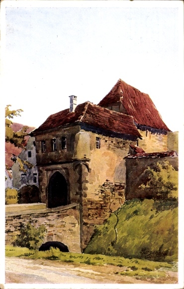 Postcard Iphofen in Lower Franconia, historic building, Mainbernheim Gate, watercolor, green meadow