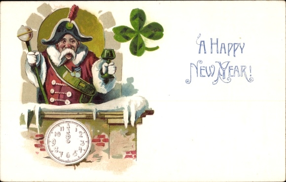 Litho Glückwunsch Neujahr, Kleeblatt, Uhr