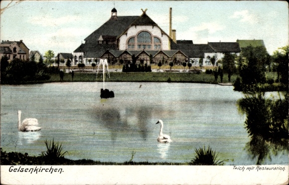 Postcard Gelsenkirchen in the Ruhr area, pond, restaurant, swans, well-kept landscape, architecture