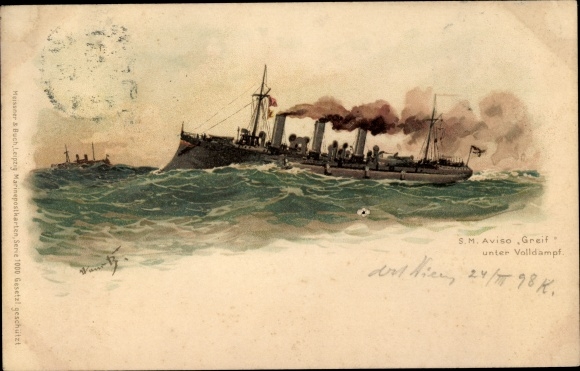 Artist Chromo-Litho Bohrdt, Hans, German warships, SMS Aviso Greif, Imperial Navy