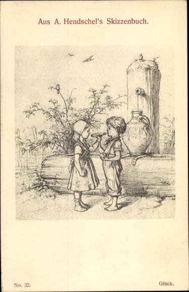 Kunstenaarskaart Hendschel, Albert, geluk, kinderen met een kruik bij de waterput