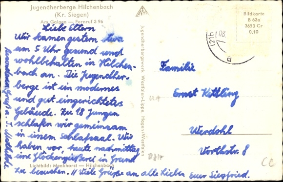 Postcard Hilchenbach North Rhine Westphalia, youth hostel, Am Galgenberg 9