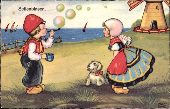 Kunstenaarskaart Boriss, Margret, kinderen met zeepbellen, jonge hond