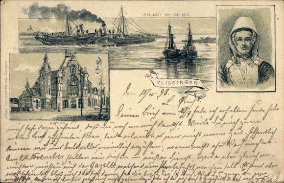 Chromo-Litho Vlissingen Zeeland Netherlands, train station, ferry, woman in traditional costume