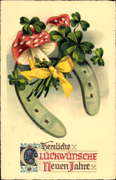 Postcard Happy New Year, fly agaric, bow, horseshoe, clover leaves