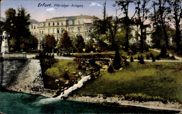 Postcard Erfurt in Thuringia, gate facilities, trees, river, buildings