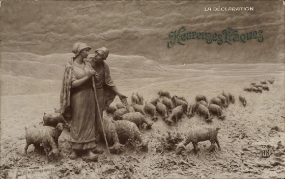 Artist Postcard Mastroianni, Domenico, congratulations Easter, shepherd, flock of sheep, declaration of love