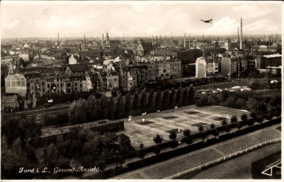 Postcard Forst in Lusatia, general view, city view, tennis courts