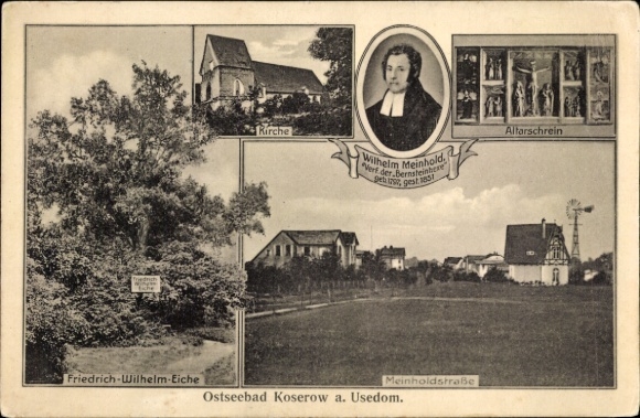 Postcard Ostseebad Koserow on Usedom, church, Friedrich Wilhelm Eiche, Meinholdstraße, Wilhelm Meinhold