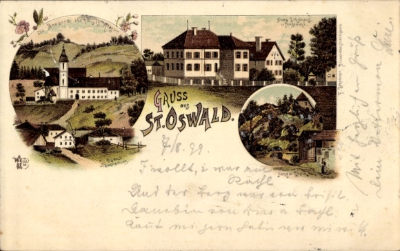 litho Saint Oswald in Neder-Beieren, brouwerij, nieuw schoolgebouw