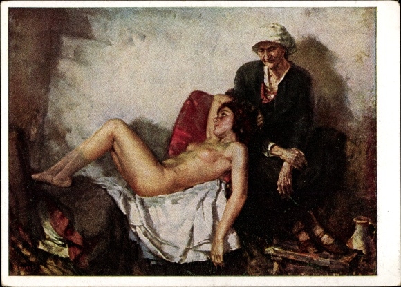 Artist Postcard troupe, Karl, being and passing away, female nude, old woman, HDK 71, Photo Hoffmann