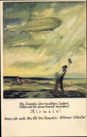Artist PC Amtberg, Otto, Zeppelin Eckener donation, waving man, airship