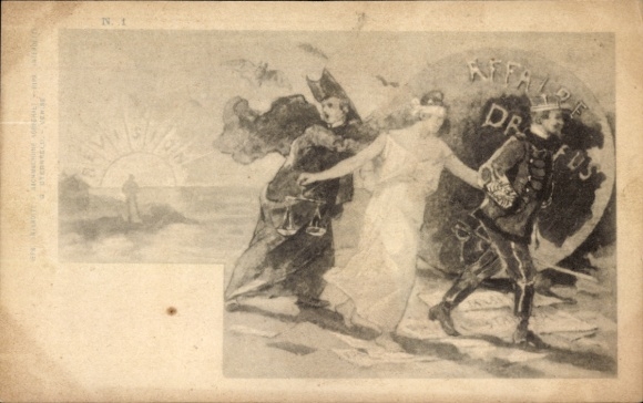 Chromo-Litho Dreyfus Affair, woman with blindfold, police officers