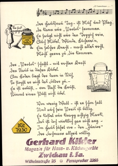 Postcard Zwickau, magazine for household and kitchen appliances Gerhard Kikler, Protos Staubsauer, lyrics, advertising