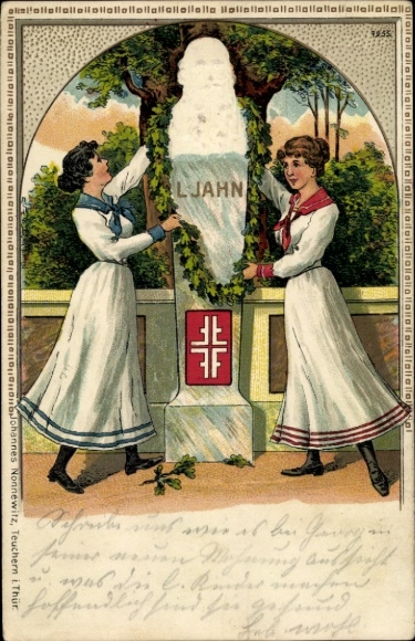 Embossed Chromo-Litho Women decorate Jahn's monument, Turner's cross