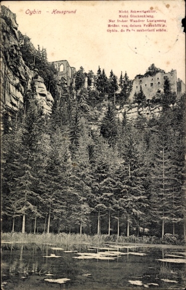 Ak Oybin in der Oberlausitz, Oybin - Hausgrund, Naturaufnahme, Ruine im Hintergrund, Wasserfläche