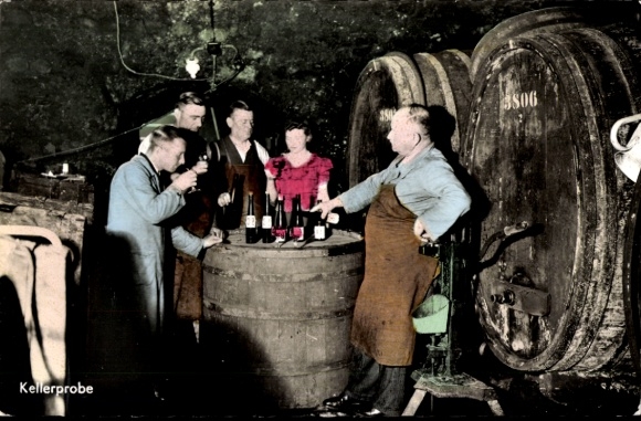 Postcard cellar sample, wine barrels