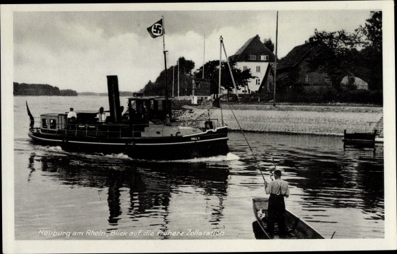 Postcard Neuburg am Rhein, view of the former customs station Neuburgweier, pilot station, boat