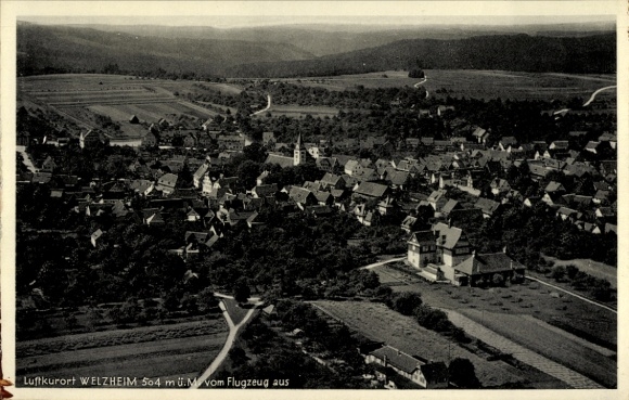 Ak Welzheim in Württemberg, Luftkurort, Vogelperspektive, Häuser, Felder, Wälder
