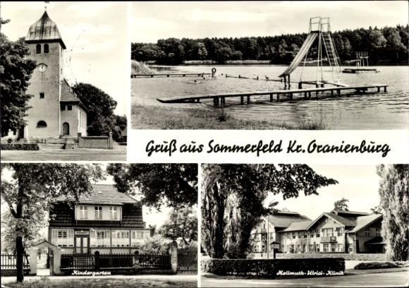Ak Sommerfeld Kremmen in Brandenburg, kerk, strand, kleuterschool, Hellmuth Ulrici Clinic
