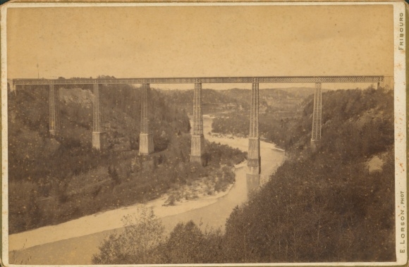 Cabinet photo Fribourg Freiburg city Switzerland, railway bridge, landscape
