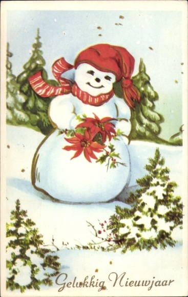 Ak Happy New Year, sneeuwpop met muts en sjaal, poinsettiabloemen