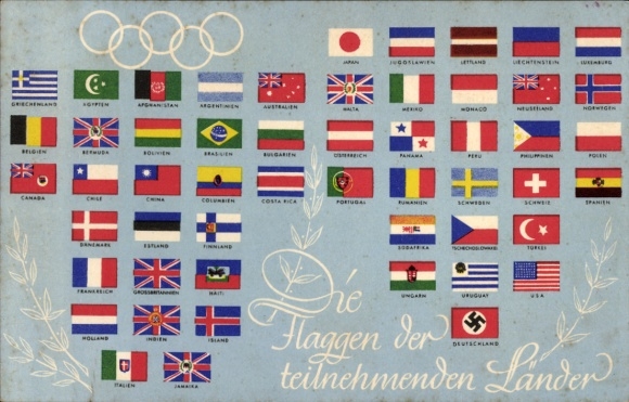 Postcard Olympia Berlin 1936, flags of the participating countries
