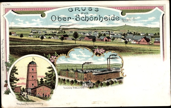 Litho Ober Schönheide im Erzgebirge Sachsen, Panorama, Fabrik, Prinz Georg Turm auf dem Kuhberg