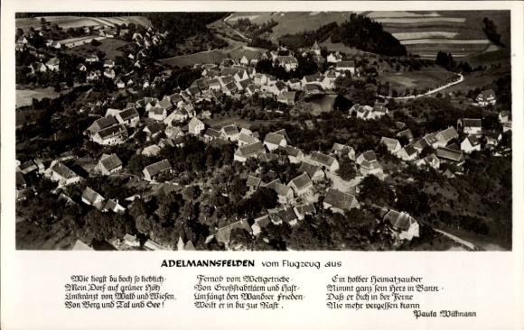 Postcard Adelmannsfelden in Württemberg, aerial photograph, poem by Paula Willmann