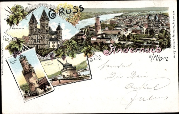 Chromo-Litho Andernach am Rhein, panorama of the village, parish church, round tower, old crane