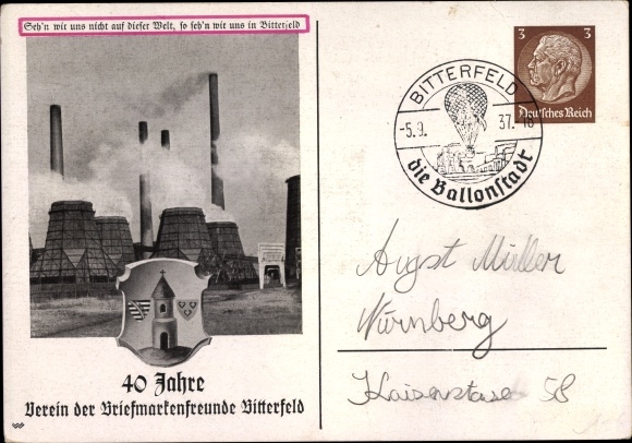 Postal stationery coat of arms PC Bitterfeld in Saxony-Anhalt, 40 years association of stamp friends, factory