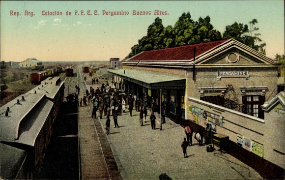 Ansichtkaart Pergamino Buenos Aires Argentinië, treinstation spoorzijde