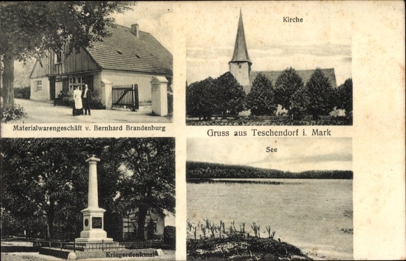 Postcard Teschendorf in der Mark, church, war memorial, lake, shop Bernhard Brandenburg