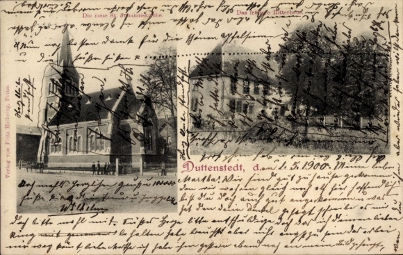 Postcard Duttenstedt Peine in Lower Saxony, new St. Johannis Church, former knight's house