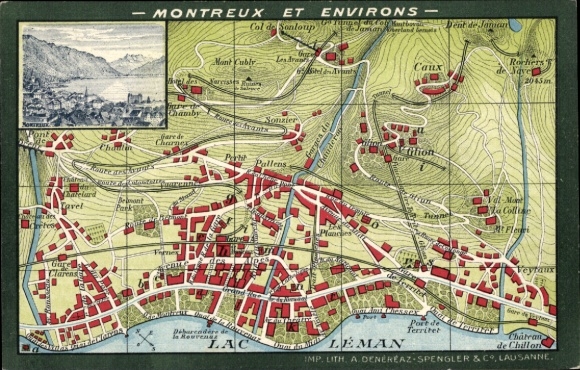 Mapa miasta Montreux Kanton Vaud Szwajcaria, Jezioro Genewskie, Panorama, Chillon, Glion